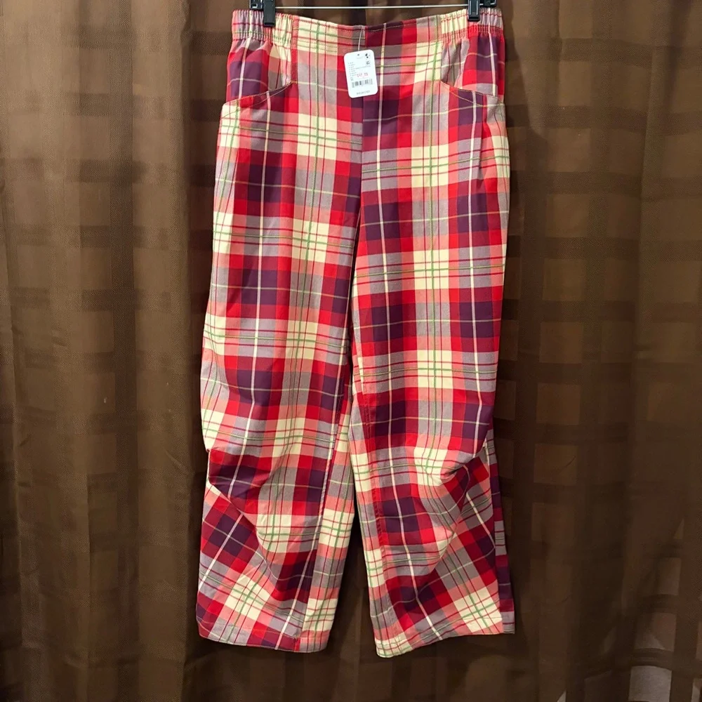 NWT Free People Nice Choice Pull-On Pant Wine combo lantern plaid Medium - Picture 6 of 11